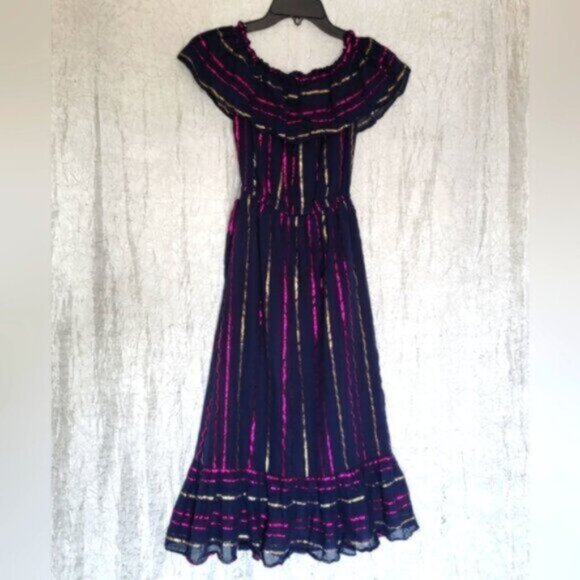 Maison Jules Blue Cotton metallic stripe Ruffe Maxi Dress Women’s XXS - Picture 6 of 12